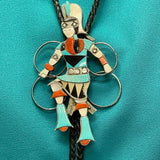 Eddie Beyuka, Zuni Inlay Hoop Dancer Bolo Tie with Silver Drum Tips, vintage Native American   (JF52)