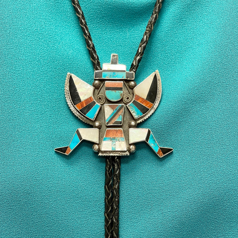 Vintage Zuni Sterling Silver Inlay Celebration Man Bolo Tie, authentic Native American   (JF48)