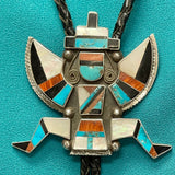 Vintage Zuni Sterling Silver Inlay Celebration Man Bolo Tie, authentic Native American   (JF48)