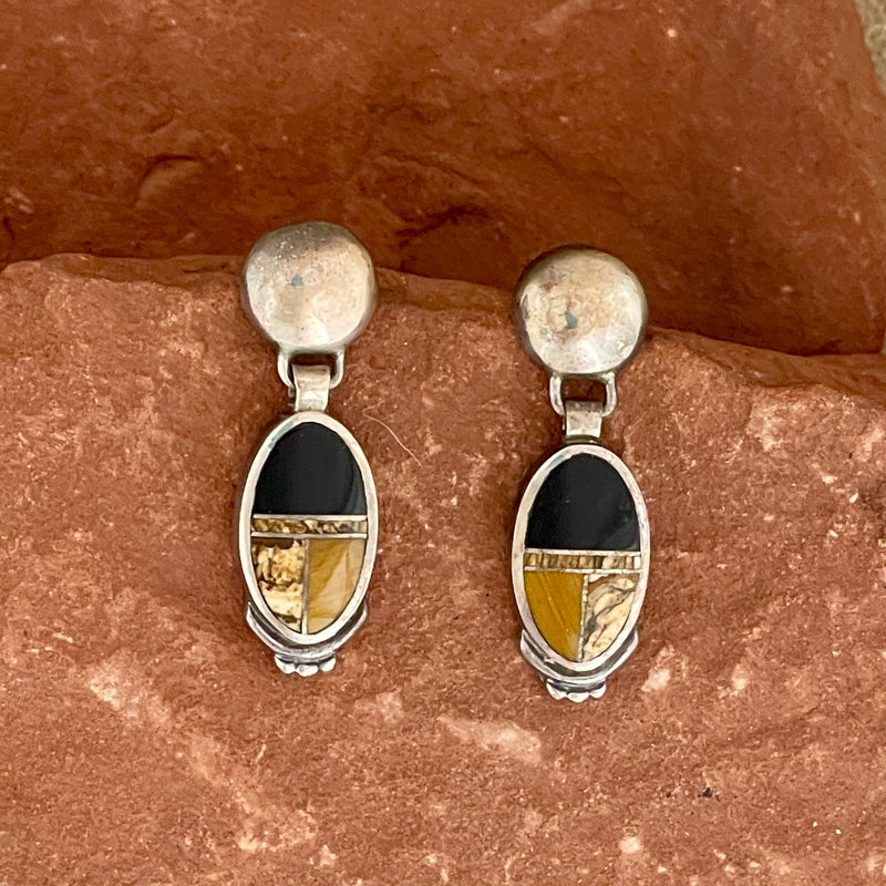 Supersmith inlay post earrings with black jet, picture jasper and tiger eye (PZ23)