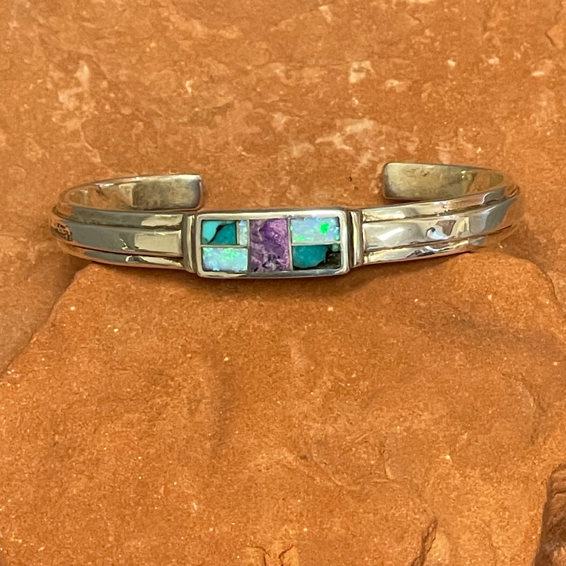 Supersmith Collection, Contemporary Channel Inlay Sterling Silver Bracelet with Turquoise, Opal and Sugilite Stones   (1/449)