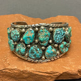 Authentic Navajo Sterling Silver Bracelet with 17 Natural Turquoise Stones, vintage  (CR13)