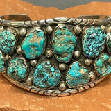 Authentic Navajo Sterling Silver Bracelet with 17 Natural Turquoise Stones, vintage  (CR13)