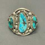 Vintage Navajo Turquoise Bracelet with Silver Leaf and Shell Design, authentic Native American   (CR14)