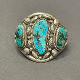 Vintage Navajo Turquoise Bracelet with Silver Leaf and Shell Design, authentic Native American   (CR14)