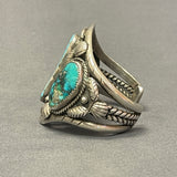 Vintage Navajo Turquoise Bracelet with Silver Leaf and Shell Design, authentic Native American   (CR14)