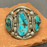 Vintage Navajo Turquoise Bracelet with Silver Leaf and Shell Design, authentic Native American   (CR14)