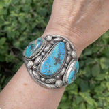 Vintage Navajo Turquoise Bracelet with Silver Leaf and Shell Design, authentic Native American   (CR14)
