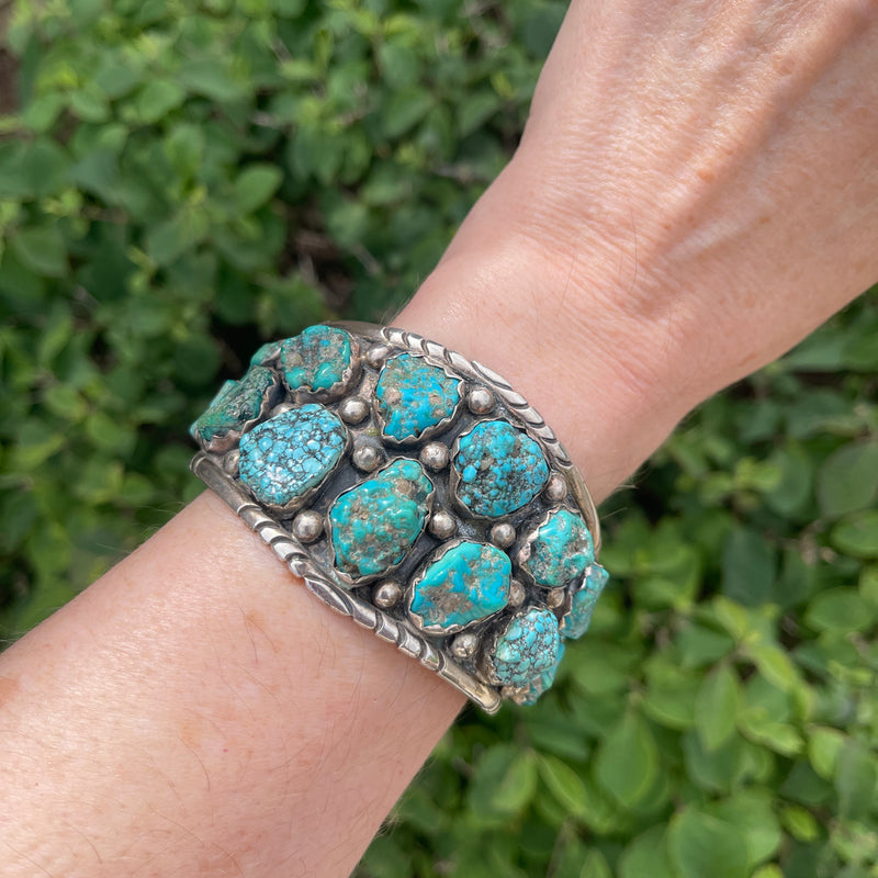 Authentic Navajo Sterling Silver Bracelet with 17 Natural Turquoise Stones, vintage  (CR13)