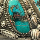 Vintage Navajo Turquoise Bracelet with Silver Leaf and Shell Design, authentic Native American   (CR14)