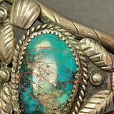 Vintage Navajo Turquoise Bracelet with Silver Leaf and Shell Design, authentic Native American   (CR14)