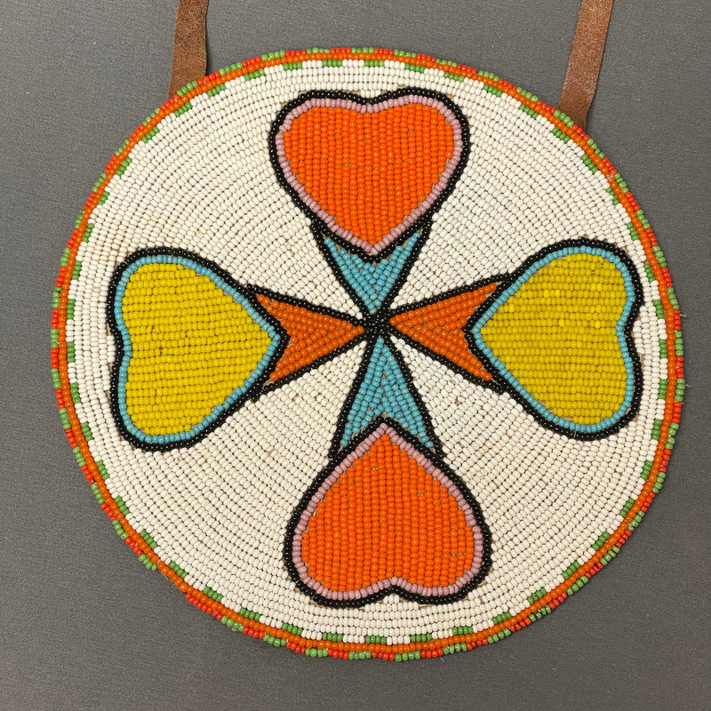 Plateau Round Flat Leather Bag with Beaded Heart Design, ca. early to mid 1900s   (GM235)
