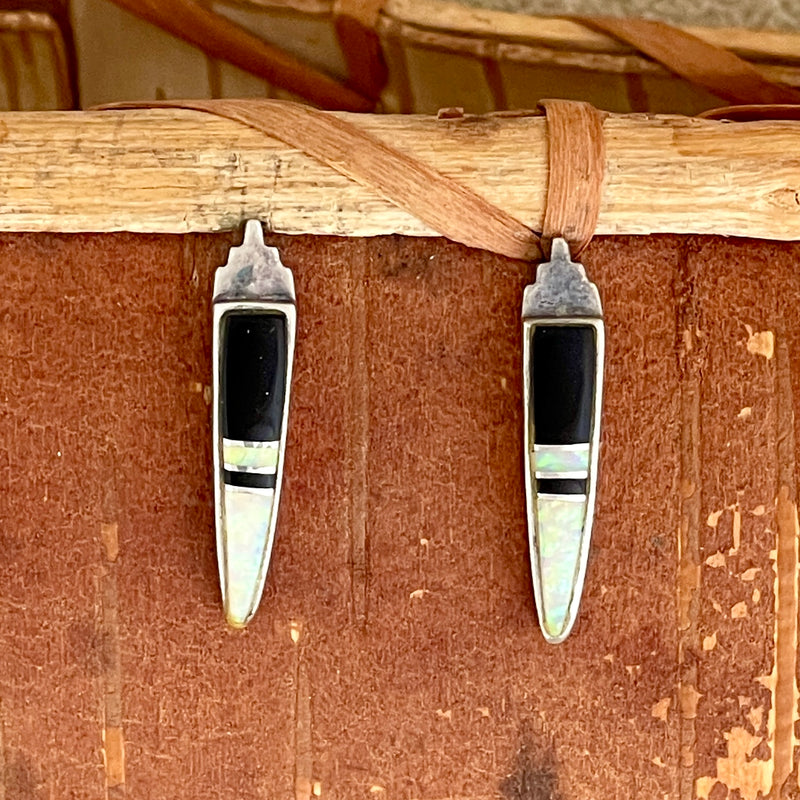 Supersmith Navajo post inlay earrings with black jet & lab opal (PZ24)