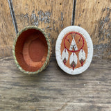 Vintage Ojibwe Small Red and White Quill Basket with Medicine Wheel and Feathers Design