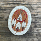 Vintage Ojibwe Small Red and White Quill Basket with Medicine Wheel and Feathers Design