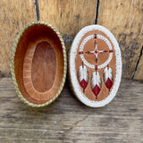 Vintage Native American Porcupine Quill Basket with Medicine Wheel and Three Feathers Design