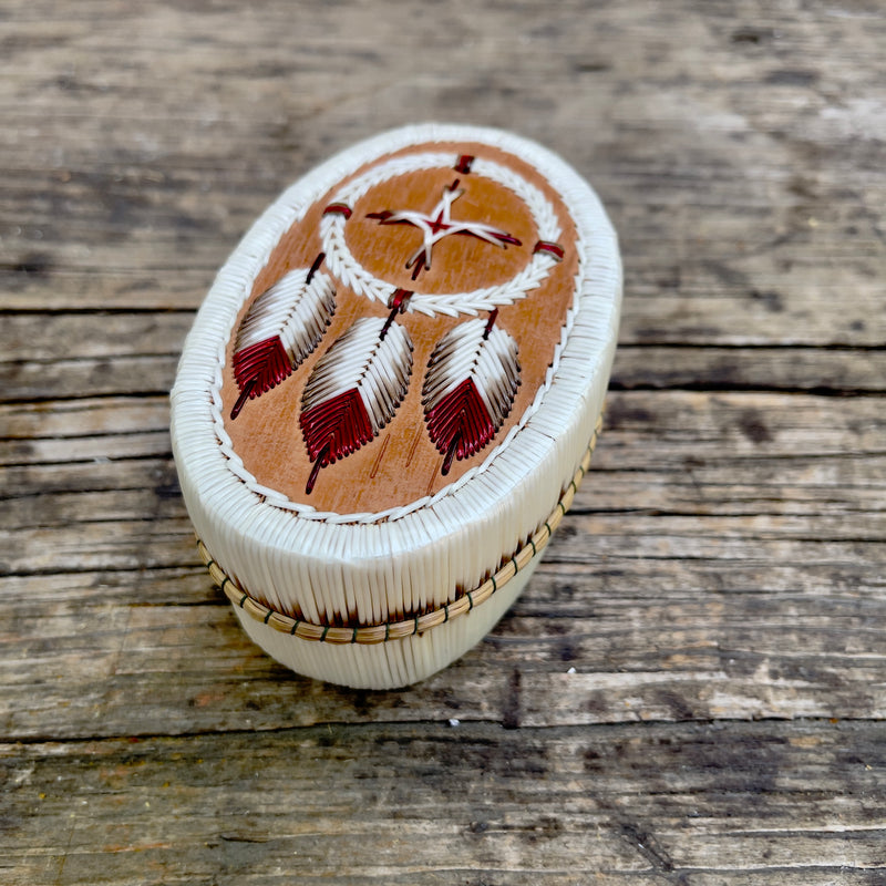 Vintage Native American Porcupine Quill Basket with Medicine Wheel and Three Feathers Design