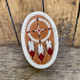 Vintage Native American Porcupine Quill Basket with Medicine Wheel and Three Feathers Design