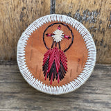 Vintage Woodland Native American Round Quill Box with Medicine Wheel and Red Feather Design