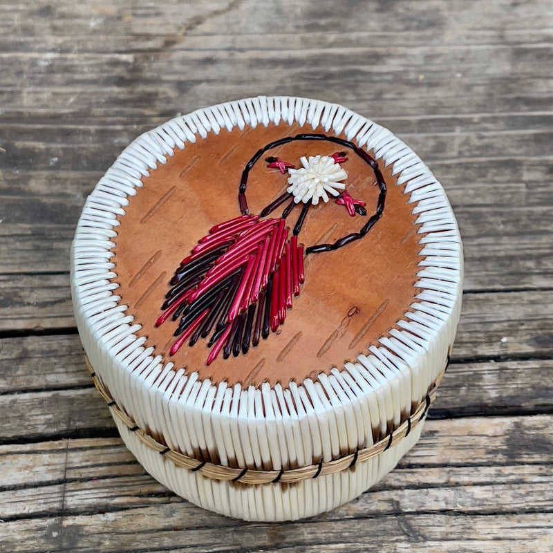 Vintage Woodland Native American Round Quill Box with Medicine Wheel and Red Feather Design