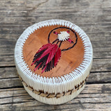 Vintage Woodland Native American Round Quill Box with Medicine Wheel and Red Feather Design