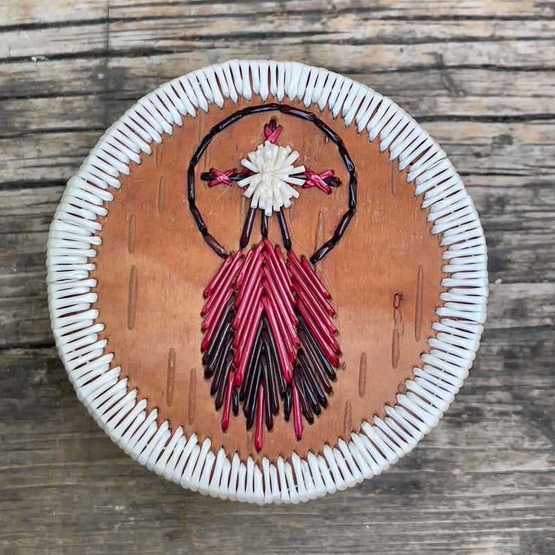 Vintage Woodland Native American Round Quill Box with Medicine Wheel and Red Feather Design