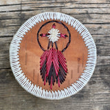 Vintage Woodland Native American Round Quill Box with Medicine Wheel and Red Feather Design