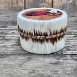 Vintage Woodland Native American Round Quill Box with Medicine Wheel and Red Feather Design