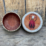 Vintage Woodland Native American Round Quill Box with Medicine Wheel and Red Feather Design