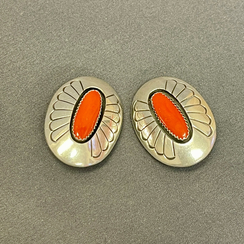 Gene and Martha Jackson, Navajo Sterling Silver Shadowbox Earrings with Coral, Clip-on    (SP108)