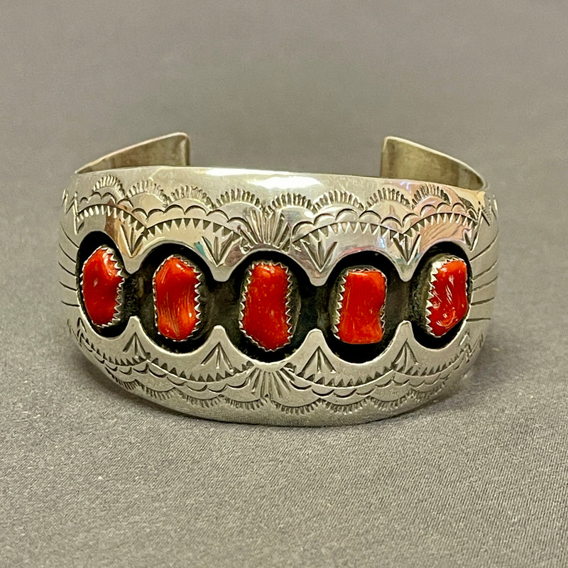 Pauline Benally, Navajo Sterling Silver Shadowbox Cuff Bracelet with 5 Coral Stones, vintage  (SP24)