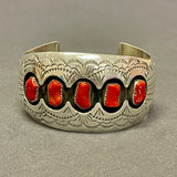 Pauline Benally, Navajo Sterling Silver Shadowbox Cuff Bracelet with 5 Coral Stones, vintage  (SP24)
