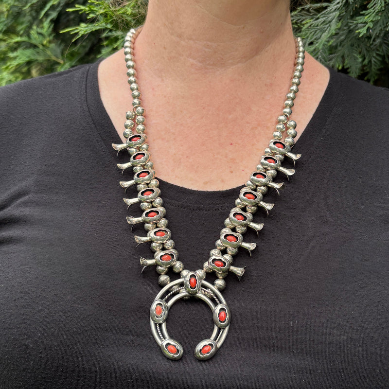 Vintage Navajo Shadowbox-Style Squash Blossom Necklace with Coral, authentic Native American   (SP4)