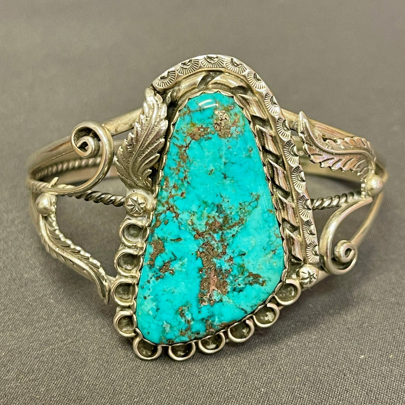 Authentic Navajo Sterling Silver and Natural Turquoise Cuff Bracelet with Leaf and Scroll Design, vintage   (SP45)
