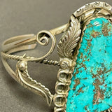 Authentic Navajo Sterling Silver and Natural Turquoise Cuff Bracelet with Leaf and Scroll Design, vintage   (SP45)