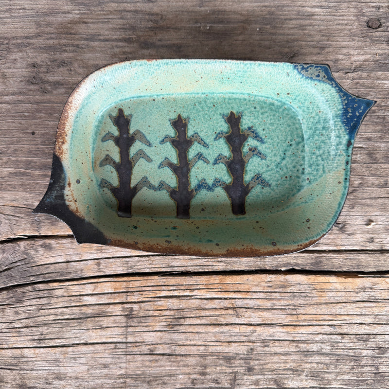 Mel Cornshucker, Cherokee, Footed Pottery Dish with Cornstalk Design