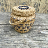 Vintage Blue and Beige Native American Ash Splints Basket with Handle and Lid by Sidney Hall, Ho-Chunk (RK75)