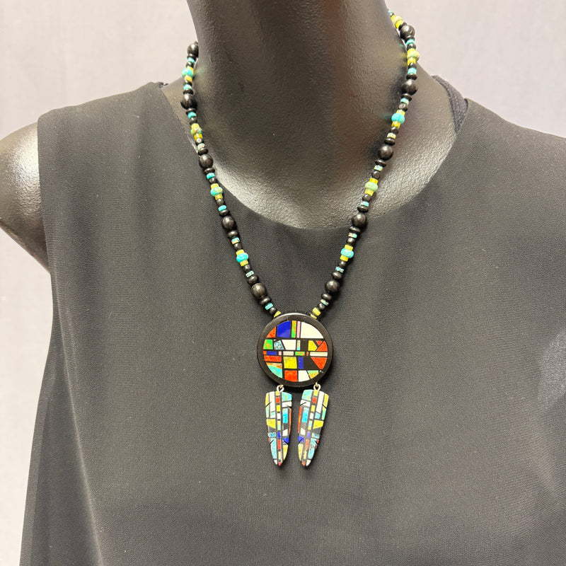Chris Nieto, Santo Domingo (Kewa) Mosaic Inlay Feather Dangle Necklace Made with Turquoise, Mother of Pearl and other Natural Stones (5/264)