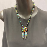 Chris Nieto, Santo Domingo (Kewa) Mosaic Inlay Feather Dangle Necklace Made with Turquoise, Mother of Pearl and other Natural Stones (5/264)