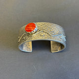 Gary Custer, Navajo Sterling Silver Tufa Cast Bracelet with Spiny Oyster Shell  (5/275)