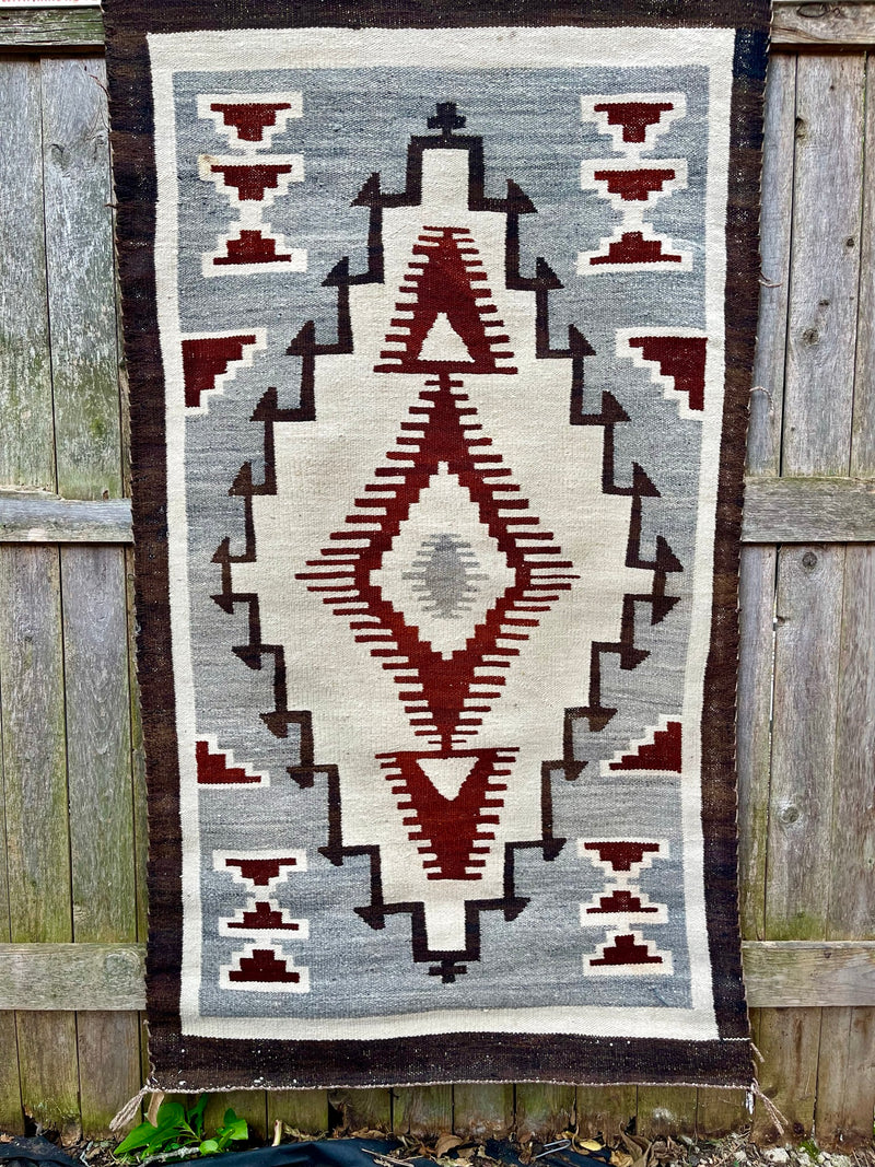 Large Navajo Rug Weaving in Two Grey Hills Style, vintage Native American (GM373)
