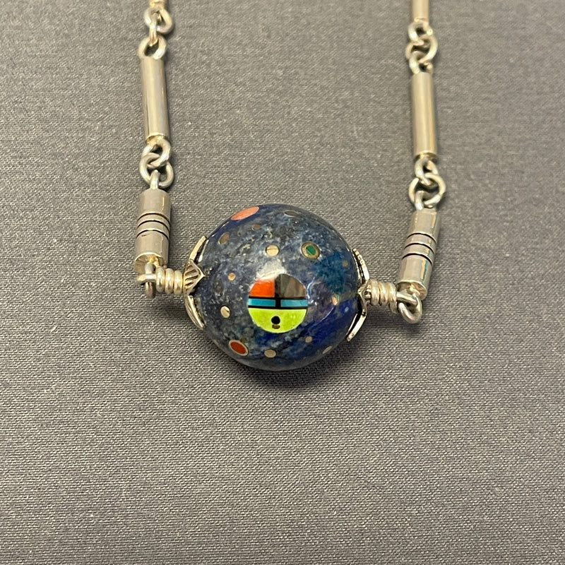 Ernest Benally Contemporary Navajo Denim Lapis Lapidary Pendant with Attached Sterling Silver Tube Bead Necklace    (6/69)