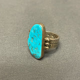 Authentic Navajo Large Sterling Silver and Blue Turquoise Ring with Feather Design Band - size 11   (6/67)