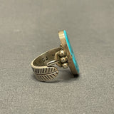 Authentic Navajo Large Sterling Silver and Blue Turquoise Ring with Feather Design Band - size 11   (6/67)