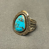 Will Denetdale, Navajo Sterling Silver Shadowbox Ring with Blue Turquoise and Silver Overlay Band, authentic Native American-size 12  (6/68)