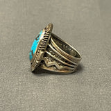 Will Denetdale, Navajo Sterling Silver Shadowbox Ring with Blue Turquoise and Silver Overlay Band, authentic Native American-size 12  (6/68)