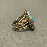 Will Denetdale, Navajo Sterling Silver Shadowbox Ring with Blue Turquoise and Silver Overlay Band, authentic Native American-size 12  (6/68)