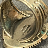 Will Denetdale, Navajo Sterling Silver Shadowbox Ring with Blue Turquoise and Silver Overlay Band, authentic Native American-size 12  (6/68)