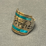 Gilbert Begay, Navajo Silver Overlay Storyteller Ring with Turquoise Inlay - size 10    (6/66)