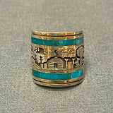 Gilbert Begay, Navajo Silver Overlay Storyteller Ring with Turquoise Inlay - size 10    (6/66)